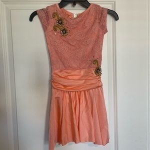 Curtain Call costume Size Child Medium peach added appliqués and rhinestones